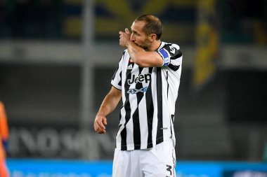 Giorgio Chiellini (Juventus) İtalyan futbol takımı Serie A 'nın 30 Ekim 2021' de İtalya 'nın Verona kentinde Marcantonio Bentegodi Stadyumu' nda oynanan Hellas Verona FC ile Juventus FC maçı sırasında portresi.