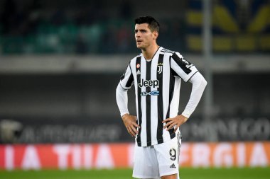 Alvaro Morata (Juventus) İtalyan futbol takımı Serie A 'nın 30 Ekim 2021' de İtalya 'nın Verona kentinde Marcantonio Bentegodi Stadyumu' nda oynanan Hellas Verona FC ile Juventus FC maçı sırasında portresi.