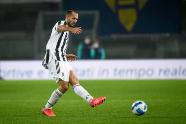 Giorgio Chiellini (Juventus) İtalyan futbolu Serie A maçı sırasında İtalya 'nın Verona kentindeki Marcantonio Bentegodi Stadyumu' nda Hellas Verona FC ile Juventus FC karşılaşması sırasında görev başında.