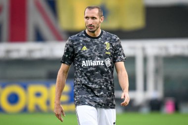 Giorgio Chiellini (Juventus) İtalya futbol takımı Serie A maçında ısınma turu sırasında Verona, İtalya 'daki Marcantonio Bentegodi Stadyumu' nda Hellas Verona FC - 30 Ekim 2021