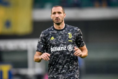 Giorgio Chiellini (Juventus) İtalya futbol takımı Serie A maçında ısınma turu sırasında Verona, İtalya 'daki Marcantonio Bentegodi Stadyumu' nda Hellas Verona FC - 30 Ekim 2021