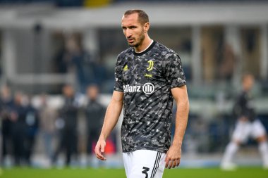 Giorgio Chiellini (Juventus) İtalya futbol takımı Serie A maçında ısınma turu sırasında Verona, İtalya 'daki Marcantonio Bentegodi Stadyumu' nda Hellas Verona FC - 30 Ekim 2021