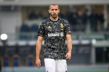 Giorgio Chiellini (Juventus) İtalya futbol takımı Serie A maçında ısınma turu sırasında Verona, İtalya 'daki Marcantonio Bentegodi Stadyumu' nda Hellas Verona FC - 30 Ekim 2021