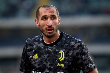 Giorgio Chiellini (Juventus) İtalya futbol takımı Serie A maçında ısınma turu sırasında Verona, İtalya 'daki Marcantonio Bentegodi Stadyumu' nda Hellas Verona FC - 30 Ekim 2021