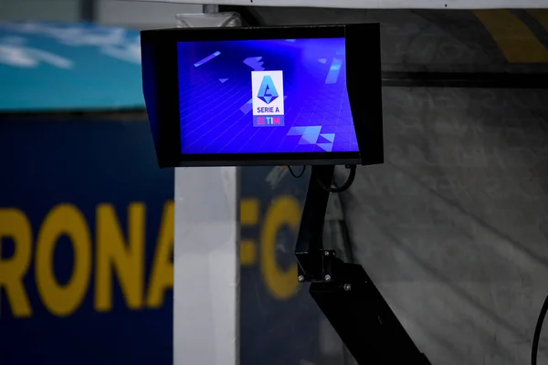 Monitor Var Serie Durante Partita Calcio Hellas Verona Juventus Allo — Foto Stock