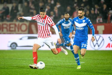 Alessandro Di Pardo (Vicenza) İtalya Futbol Şampiyonası Ligi BKT Vicenza-Brescia Calcio maçında Marko Pajac (Brescia) 'a karşı 20 Kasım 2021' de Vicenza, İtalya 'daki Stadio Romeo Menti' de mücadele etti.