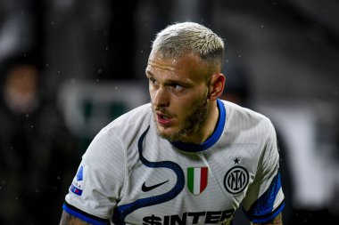İtalya futbol takımı Serie A maçında Federico Dimarco 'nun portresi Venezia FC - Inter FC maçı Venedik, İtalya' daki Pier Luigi Penzo Stadyumu 'nda, 27 Kasım 2021