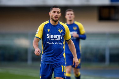 Verona 'nın İtalya futbolu sırasındaki Giancluca Caprari portresi, 12 Aralık 2021' de İtalya 'nın Verona kentinde Marcantonio Bentegodi Stadyumu' nda oynanan Hellas Verona FC - Atalanta BC maçı sırasında çekildi.