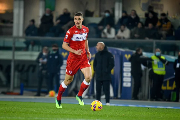 Fiorentina Nikola Milenkovic Actie Tijdens Italiaanse Voetbalwedstrijd Serie Match Hellas — Stockfoto