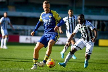 Verona 'dan Antonin Barak, İtalya' nın Verona kentindeki Marcantonio Bentegodi Stadyumu 'nda oynanan Hellas Verona FC-Udinese Calcio maçında İtalyan Jean-Victor Makengo karşısında 13 Şubat 2022 - Fotoğraf: Ettore Griffon