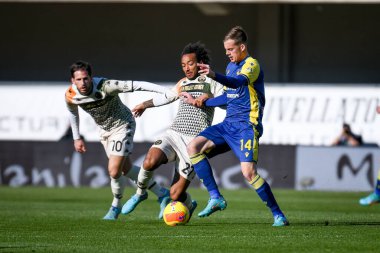 Verona 'dan Ivan Iliç, İtalya' dan Gianluca Busio ve Venezia 'dan Mattia Aramu' ya karşı 27 Şubat 2022 'de İtalya' nın Verona kentindeki Marcantonio Bentegodi Stadyumu 'nda oynanan İtalyan Serie A karşılaşmasında Hellas Verona FC ile Venezia FC karşı karşıya geldi.