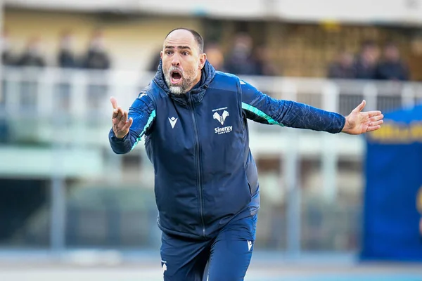 Verona teknik direktörü Igor Tudor, İtalya 'nın Verona şehrindeki Marcantonio Bentegodi Stadyumu' nda oynanan Hellas Verona FC-Venezia FC karşılaşmasında 27 Şubat 2022 'de jest yaptı.