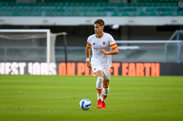 Ritratto Riccardo Calafiori Della Roma Azione Durante Partita Calcio Della — Foto Stock