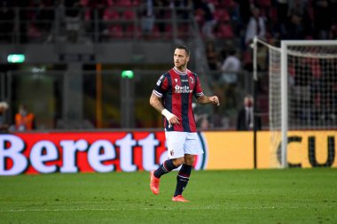 Bologna 'dan Marko Arnautoviç İtalya futbolu sırasındaki portresi Serie A karşılaşması Bologna FC - Cenova CFC maçı 21 Eylül 2021' de İtalya 'nın Bologna kentindeki Renato Dall' Ara stadyumunda yapıldı.
