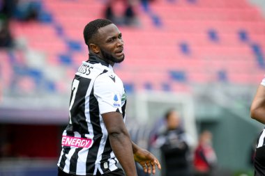 Udinese 'nin Isaac Access' i İtalya 'nın Bologna FC ve Udinese Calcio maçlarında 24 Nisan 2022' de İtalya 'nın Bologna kentindeki Renato Dall' Ara stadyumunda 1-2 'lik gol attıktan sonra kutluyor.