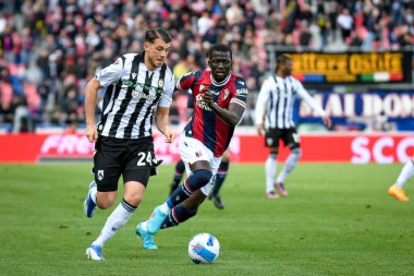 Udinese 'den Lazar Samarciç İtalyan futbolcu Musa Barrow' a karşı İtalya 'nın Bologna şehrindeki Renato Dall' Ara Stadyumu 'nda oynanan Bologna FC maçında, 24 Nisan 2022 - Fotoğraf: Ettore Griffon