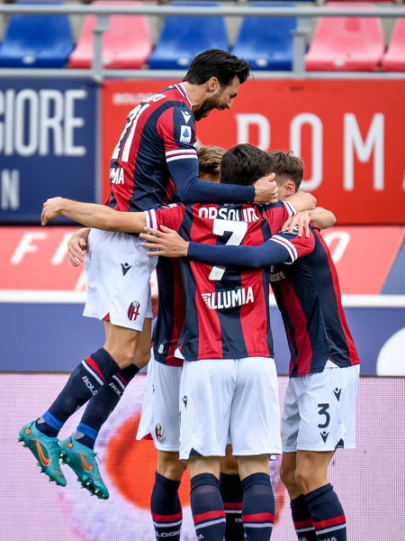 İtalya 'nın Bologna şehrindeki Renato Dall' Ara stadyumunda oynanan Bologna FC - Udinese Calcio maçında Bologna oyuncularının mutluluğu 24 Nisan 2022 - Fotoğraf: Ettore Griffon