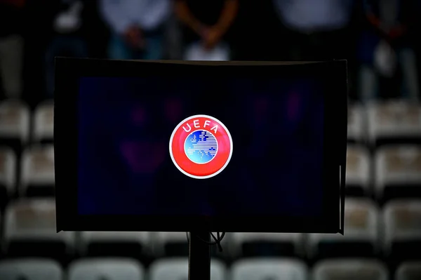 Uefa Var Monitor Durante Partita Calcio Uefa Nations League Italia — Foto Stock