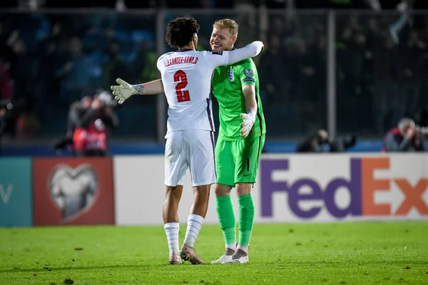 England's Aaron Ramsdale hugs England's Trent Alexander-Arnold  during  FIFA World Cup Qatar 2022 World Cup qualifiers - San Marino vs England (portraits archive) at the San Marino stadium in San Marino, Republic of San Marino, November 15, 2021 - Cr
