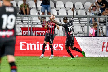 Milan's Ante Rebic celebrates after scoring a goal with Milan's Rafael Leao  during  friendly football match LR Vicenza vs AC Milan at the Romeo Menti stadium in Vicenza, Italy, August 06, 2022 - Credit: Ettore Griffon