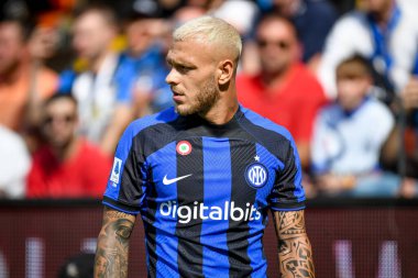 İtalya futbol takımı Serie A maçında Federico Dimarco 'nun portresi Udinese Calcio vs Inter - FC Internazionale at the Friuli - Dacia Arena stadyumu, Udine, İtalya, 18 Eylül 2022