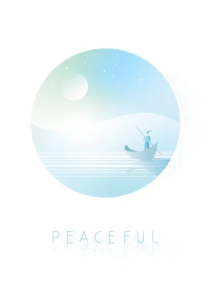 Man Punting Boat Peaceful Night Vector Illustration Graphic Eps —  Vetores de Stock