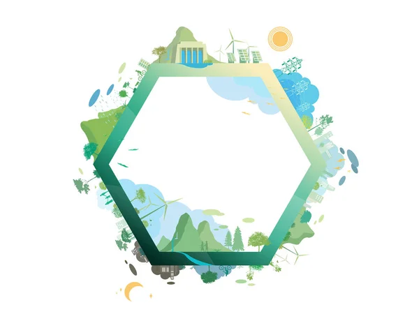 Ebsolution Дружественное Eco Сообщество Шестиугольником Показывает Зеленым Экологическим Костюмом Добавить — стоковый вектор