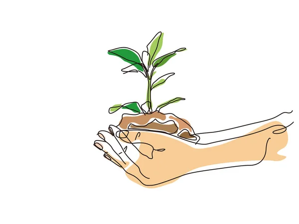 Sketch Lifestyle 4_Hands Hold Plant Shows Concept Eco Vector Illustration — Vetor de Stock