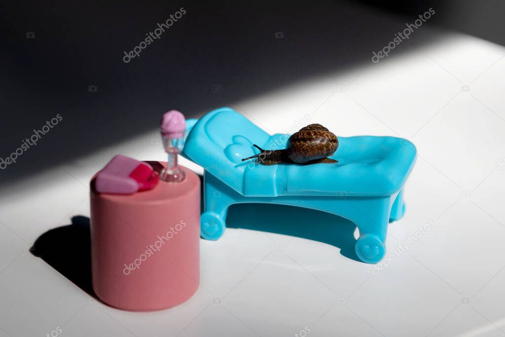 A snail in the sun on a chaise longue.A blue chaise longue and a pink cocktail table.Summer holidays on the beach