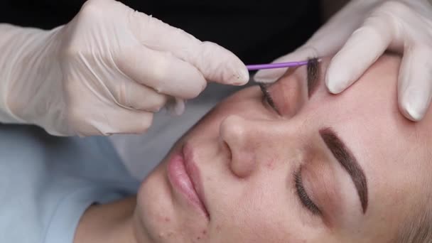 El maestro comprueba el pigmento recién aplicado en las cejas. — Vídeo de stock