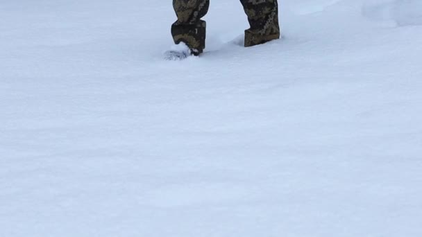 Een man loopt door onaangeroerde sneeuw in het bos. — Stockvideo
