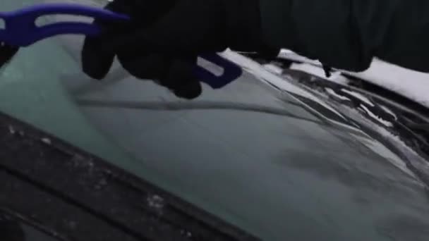 Een man reinigt de voorruit van een auto van sneeuw met een borstel — Stockvideo