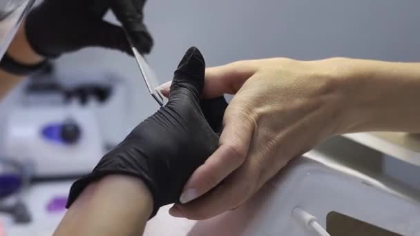 Le maître manucure en gants jetables noirs corrige les ongles — Video