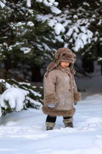 Un ragazzo carino in pelliccia e un cappello con paraorecchie cammina in inverno — Foto Stock