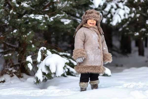 Un ragazzo carino in pelliccia e un cappello con paraorecchie cammina in inverno — Foto Stock