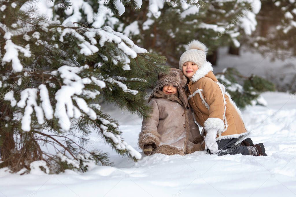 Brother and sister are sitting in the snow under a pine tree and laughing.