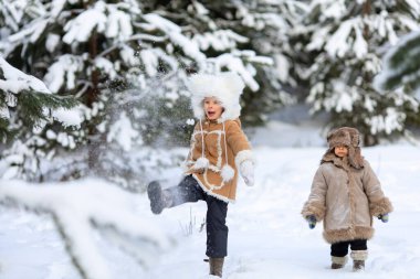 Brother and sister are running in the snow between the pines and laughing. clipart