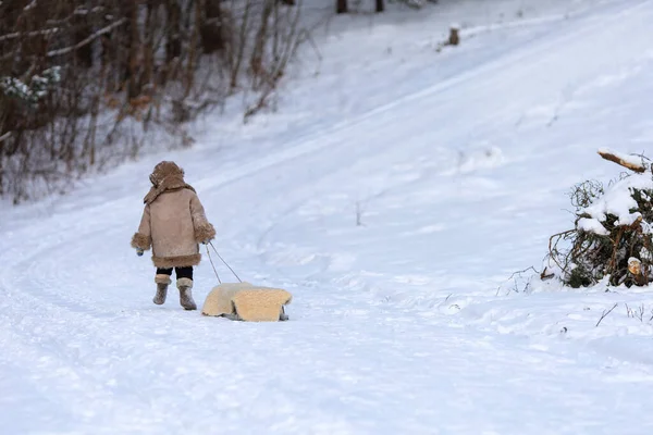 Ребенок несет сани на веревке по заснеженной дороге. Мальчик в зимней народной одежде — стоковое фото