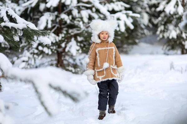 Una ragazza con un cappello di pelliccia e una pelliccia sta giocando in una foresta innevata — Foto Stock
