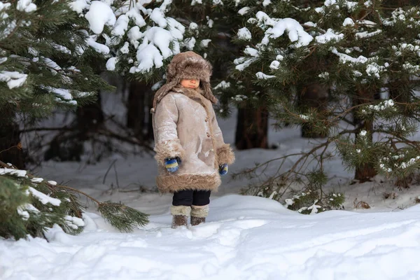 Un ragazzo carino in pelliccia e un cappello con paraorecchie cammina in inverno — Foto Stock