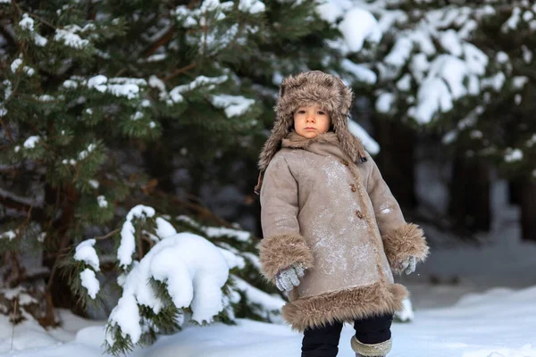 A cute boy in a fur coat and a hat with earflaps walks in winter — Stock Photo, Image