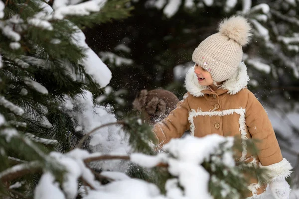 Девушка в зимней шляпе и овечьей шкуре играет в заснеженном лесу — стоковое фото