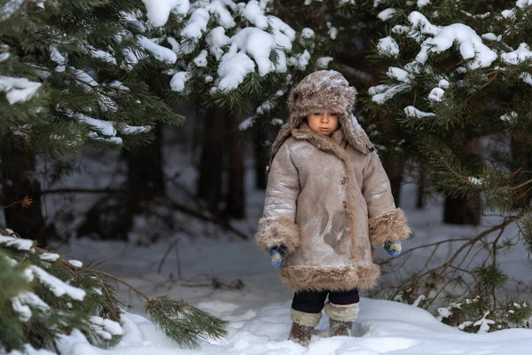 Un ragazzo carino in pelliccia e un cappello con paraorecchie cammina in inverno — Foto Stock