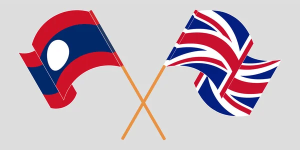 Laos och Förenade kungarikets flagga korsas och viftas — Stock vektor
