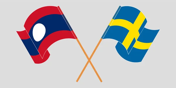 Banderas cruzadas y ondeando de Laos y Suecia — Archivo Imágenes Vectoriales
