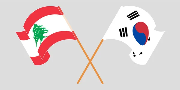Crossed and waving flags of Lebanon and South Korea — Vetor de Stock