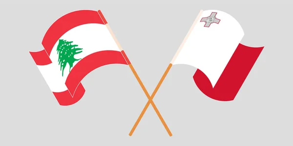 Crossed and waving flags of Lebanon and Malta — Stock Vector