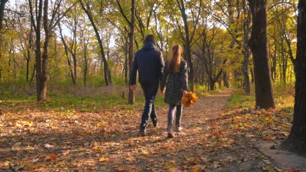 Vater und Tochter spazieren auf einem Pfad im Herbstwald. — Stockvideo