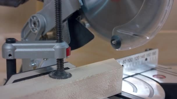 Pertukangan kayu. Memotong kayu diska dengan penggaris laser. — Stok Video