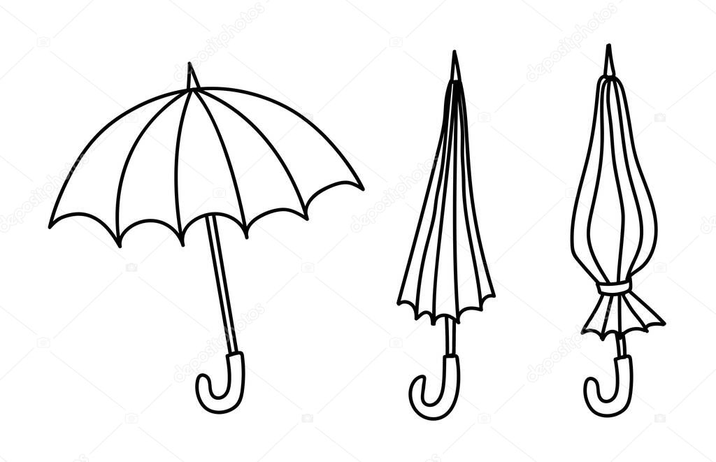 Set of opened and closed, folded umbrellas isolated on white background. Bundle cartoon umbrella lines for coloring book or woodburning.